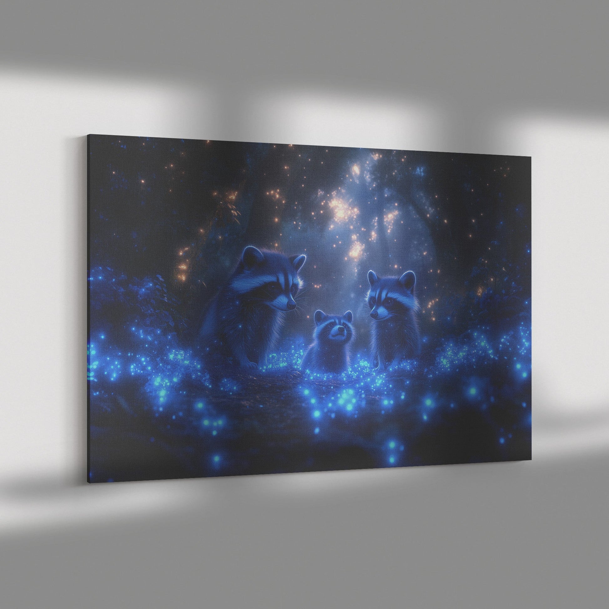 Raccoons Exploring a Magical Bioluminescent Forest under Twilight Glow with Blue Plants Mist Canvas Wall Art Decor - Awakening Righteousness