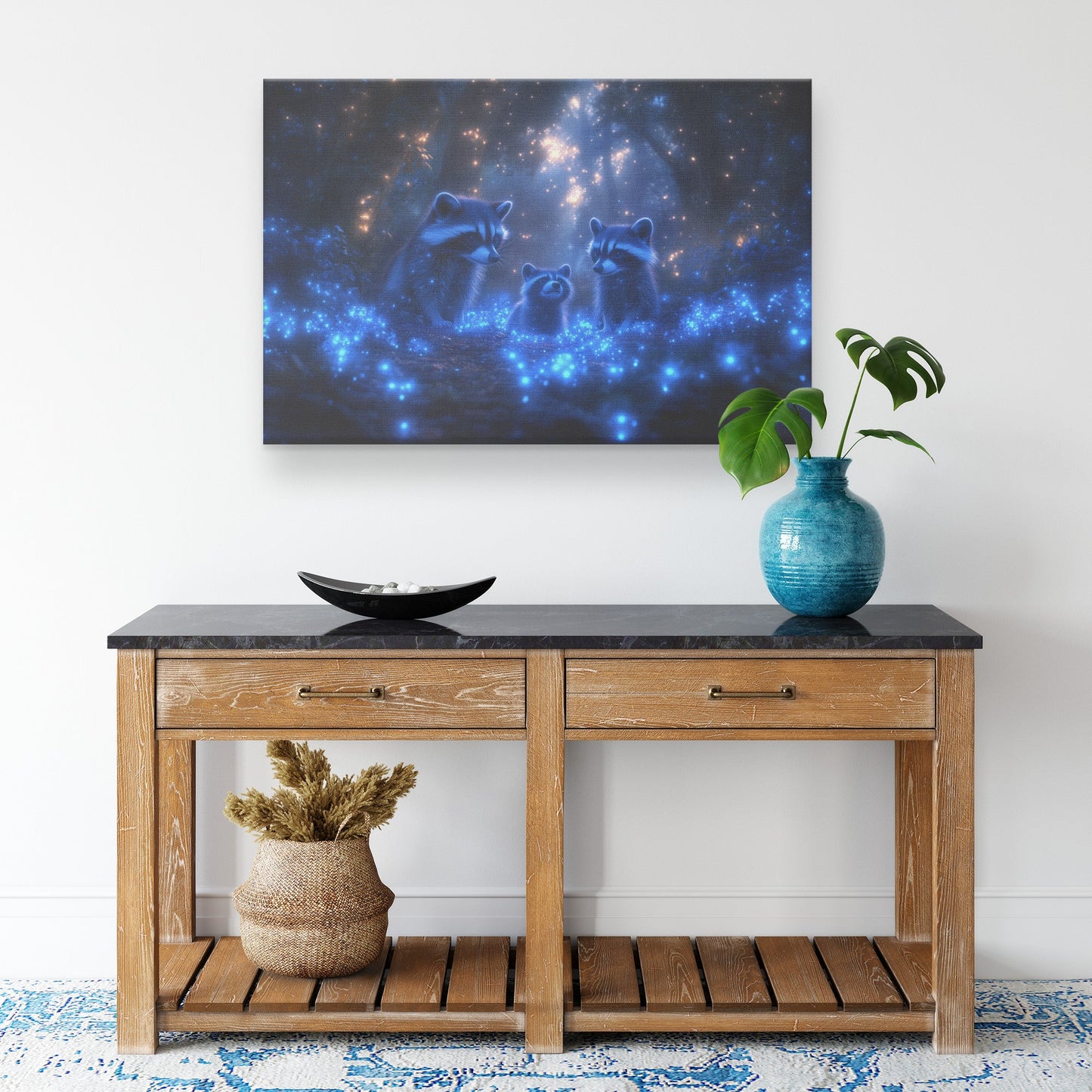 Raccoons Exploring a Magical Bioluminescent Forest under Twilight Glow with Blue Plants Mist Canvas Wall Art Decor - Awakening Righteousness
