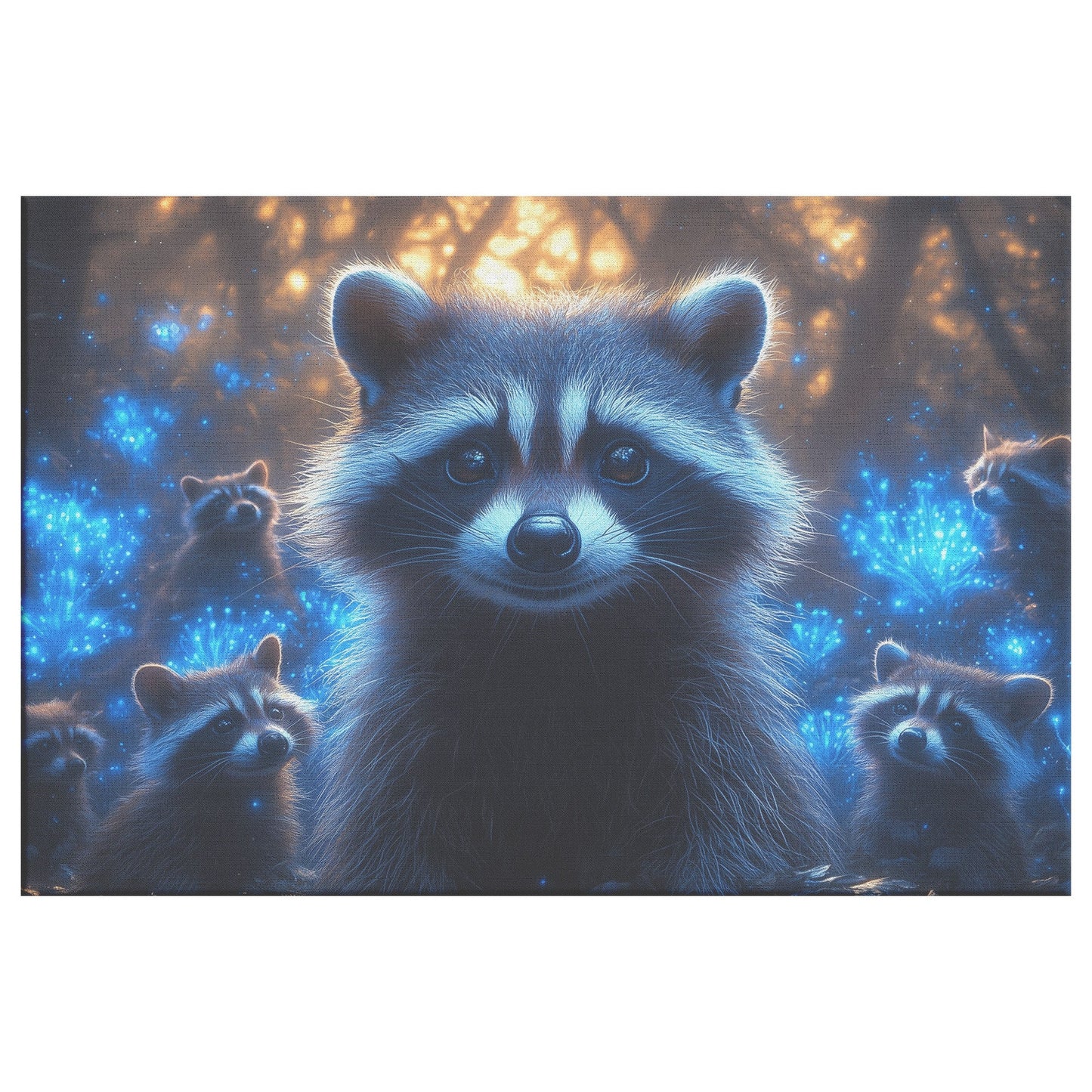 Raccoons in Magical Bioluminescent Forest Under Twilight Sky Glowing Blue Plants Mist Canvas Wall Art Decor - Awakening Righteousness