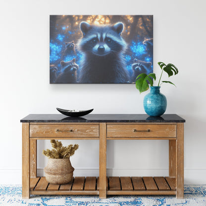 Raccoons in Magical Bioluminescent Forest Under Twilight Sky Glowing Blue Plants Mist Canvas Wall Art Decor - Awakening Righteousness