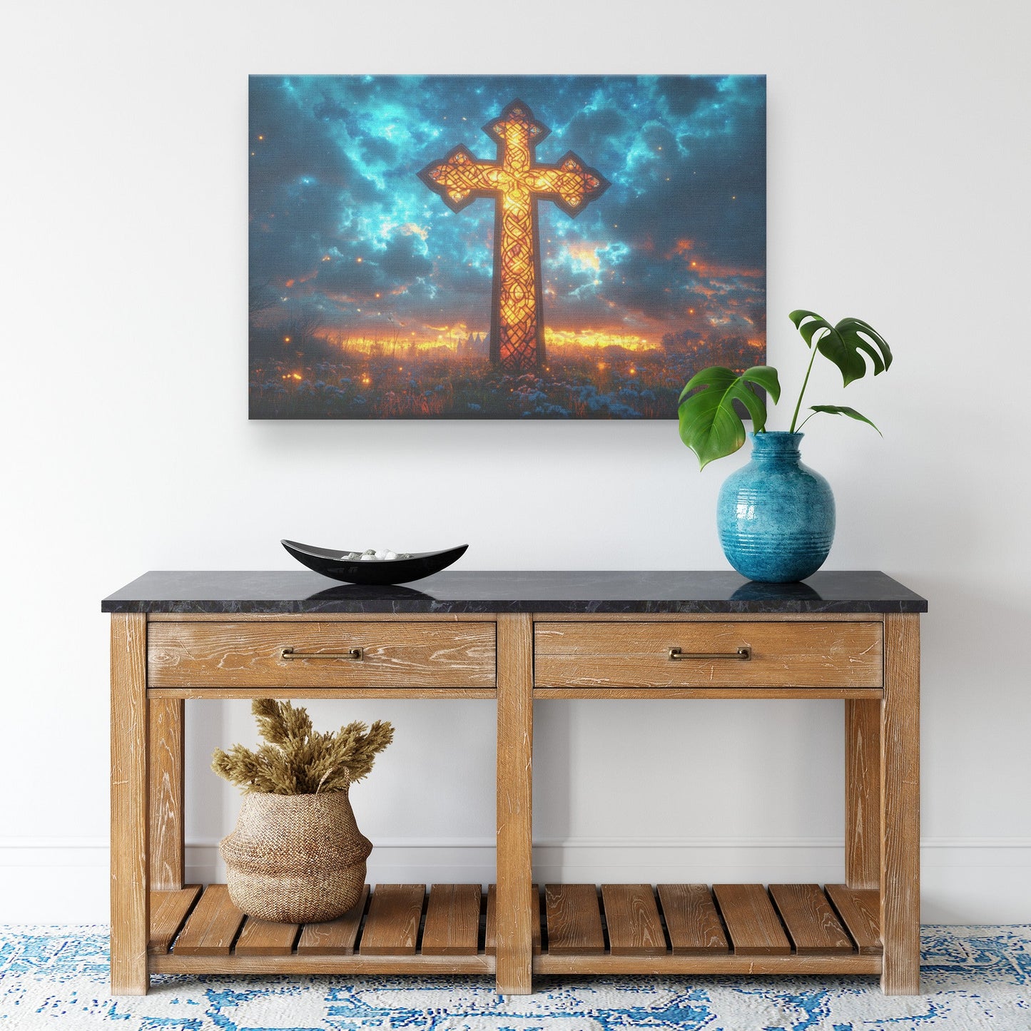 Radiant Cross Canvas Wall Art Glowing Celtic Design Against Vibrant Sky Spiritual Decor for Home Church and Meditation - Awakening Righteousness