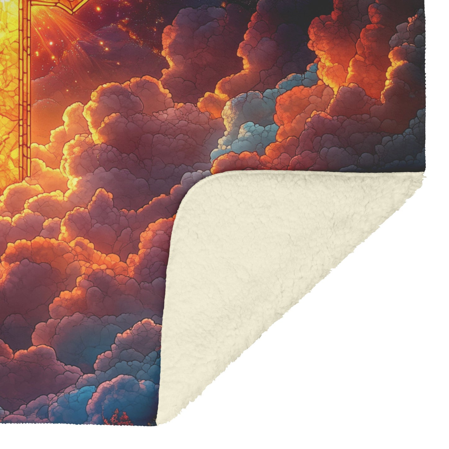 Radiant Cross in Glowing Clouds Stained Glass Design Fleece Sherpa Blanket Christian Home Decor for Comfort and Faith - Awakening Righteousness