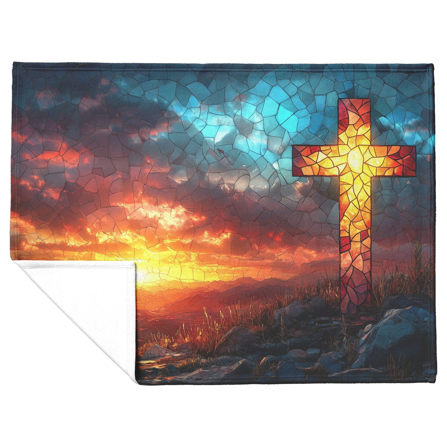 Radiant Cross in Stained Glass Over Sunset Landscape Fleece Sherpa Blanket Ultra Soft Cozy Perfect for Home Gift - Awakening Righteousness