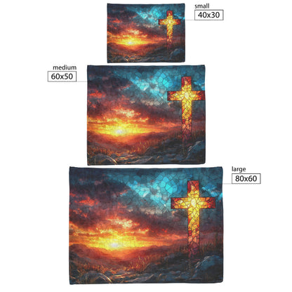 Radiant Cross in Stained Glass Over Sunset Landscape Fleece Sherpa Blanket Ultra Soft Cozy Perfect for Home Gift - Awakening Righteousness