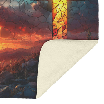 Radiant Cross in Stained Glass Over Sunset Landscape Fleece Sherpa Blanket Ultra Soft Cozy Perfect for Home Gift - Awakening Righteousness