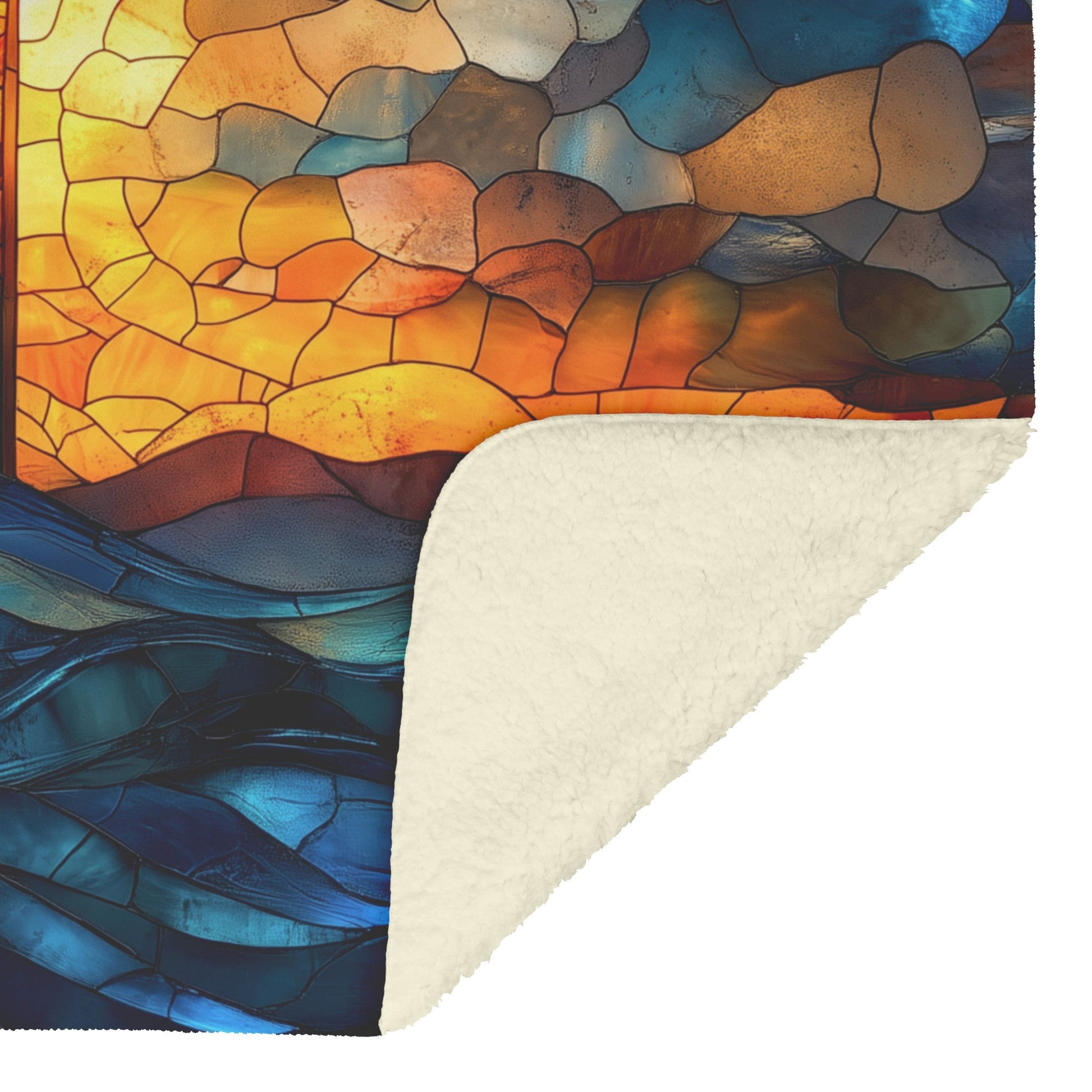 Radiant Cross Over Ocean Waves in Stained Glass Design Fleece Sherpa Blanket Ultra Soft Cozy Perfect for Home Gift - Awakening Righteousness
