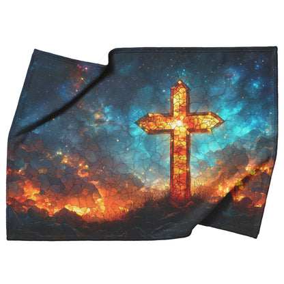 Radiant Cross Stained Glass Fleece Sherpa Blanket Starry Sky Design Christian Art Cozy Inspirational Home Gift - Awakening Righteousness