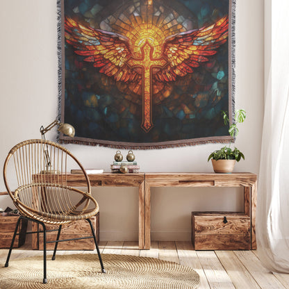 Radiant Cross With Glowing Wings Woven Throw Blanket Stained Glass Design Perfect for Christian Home Decor - Awakening Righteousness