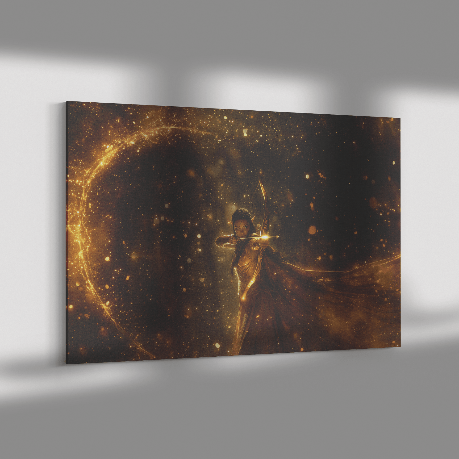 Radiant Female Night Elf Hunter Aiming Glowing Bow Surrounded by Golden Mist and Silver Light WoW Canvas Wall Art - Awakening Righteousness