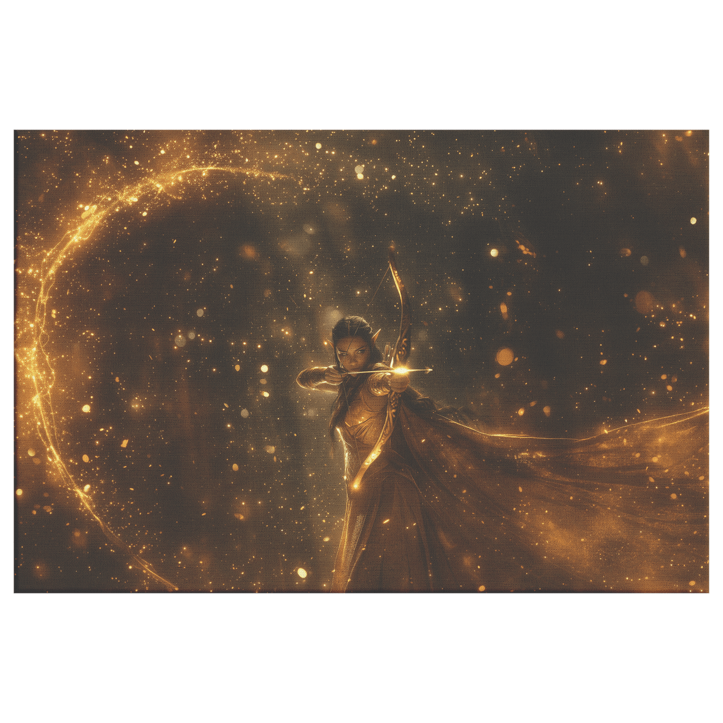 Radiant Female Night Elf Hunter Aiming Glowing Bow Surrounded by Golden Mist and Silver Light WoW Canvas Wall Art - Awakening Righteousness