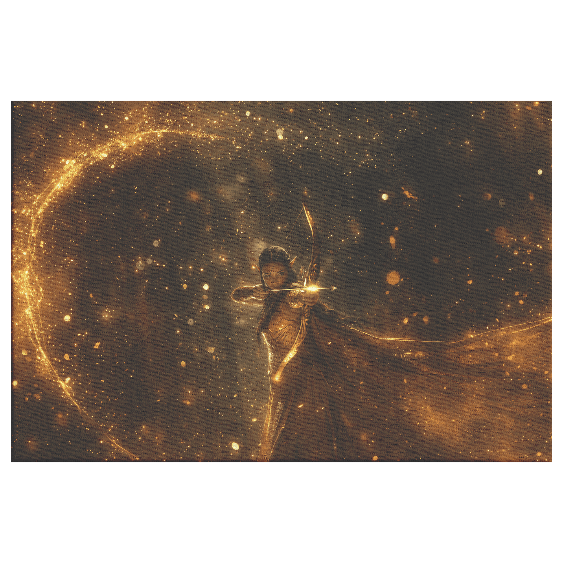 Radiant Female Night Elf Hunter Aiming Glowing Bow Surrounded by Golden Mist and Silver Light WoW Canvas Wall Art - Awakening Righteousness