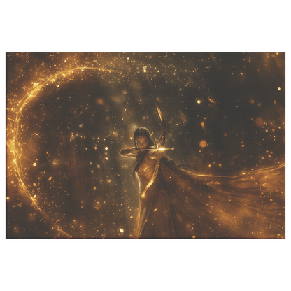 Radiant Female Night Elf Hunter Aiming Glowing Bow Surrounded by Golden Mist and Silver Light WoW Canvas Wall Art - Awakening Righteousness