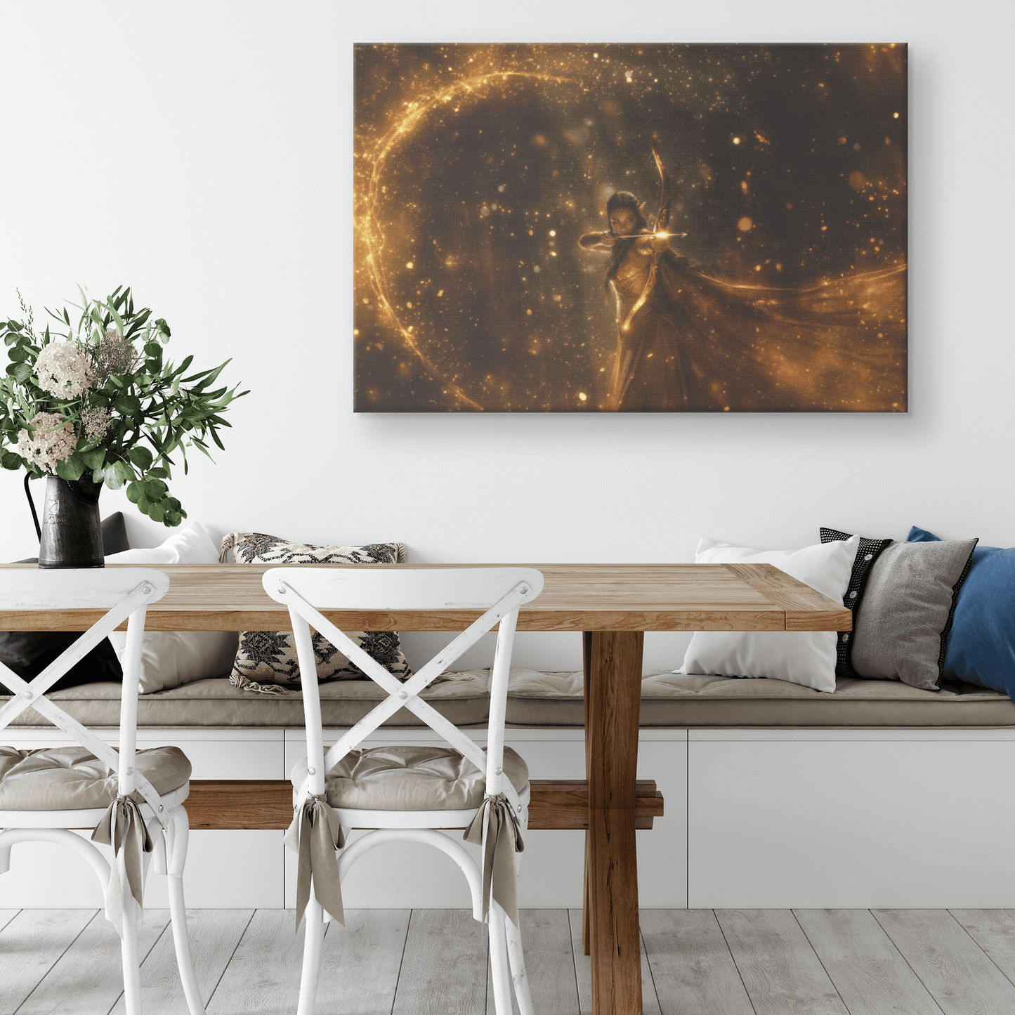 Radiant Female Night Elf Hunter Aiming Glowing Bow Surrounded by Golden Mist and Silver Light WoW Canvas Wall Art - Awakening Righteousness