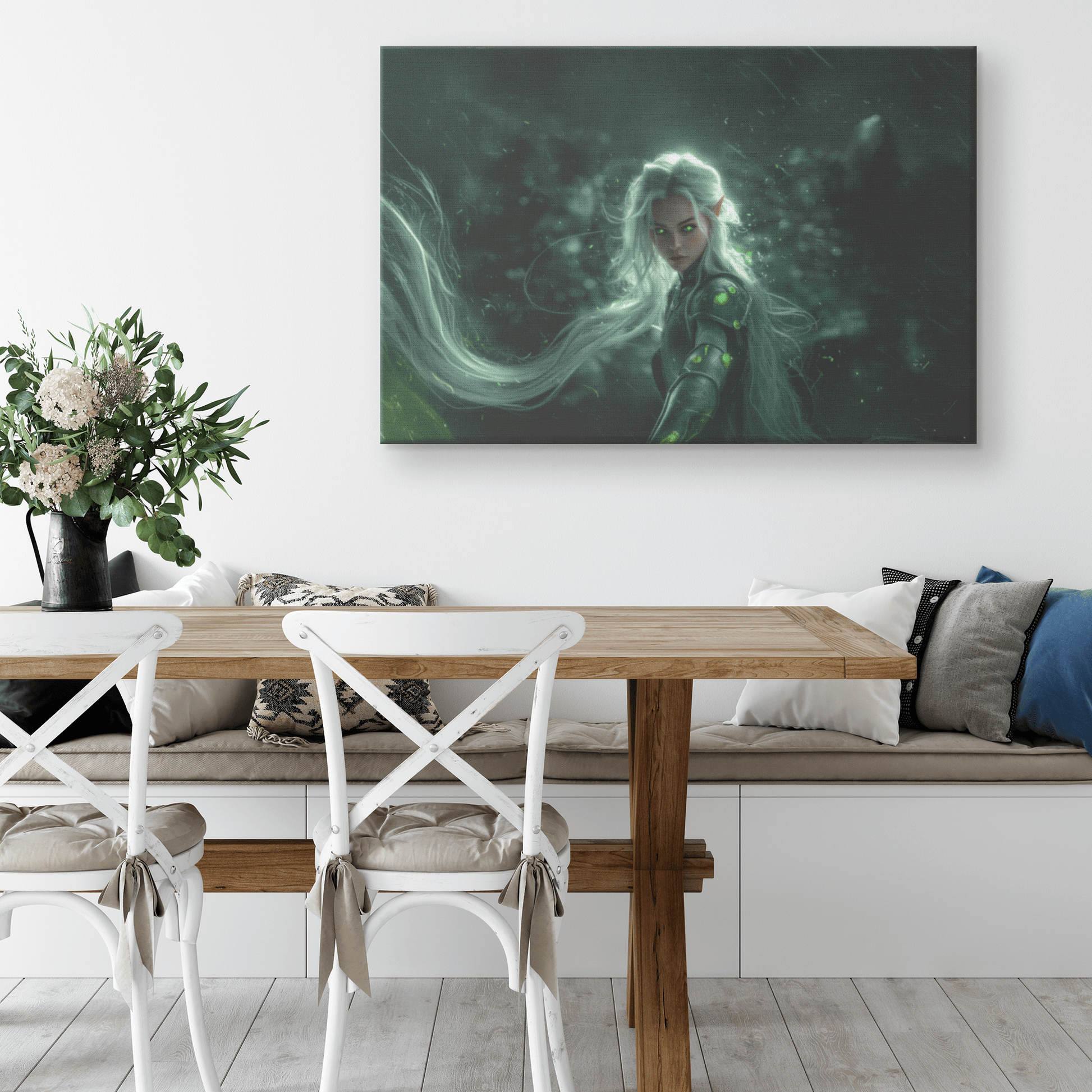 Radiant Female Night Elf Paladin in Silver Armor Glowing Green Runes Shimmering Textures Light Trails Canvas Wall Art - Awakening Righteousness