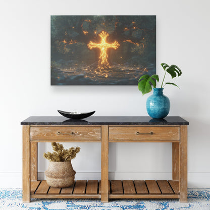 Radiant Fiery Cross Embedded in Majestic Tree Glowing with Divine Light in Serene Forest Canvas Wall Art - Awakening Righteousness