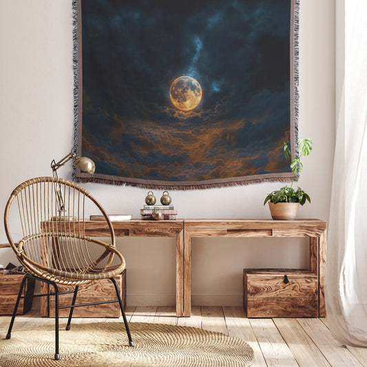 Radiant Full Moon Above Glowing Clouds Woven Throw Blanket - Awakening Righteousness