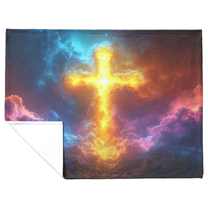 Radiant Glowing Cross in Majestic Sky Fleece Sherpa Blanket Ultra Soft Cozy Perfect for Home Bed Couch Gift - Awakening Righteousness