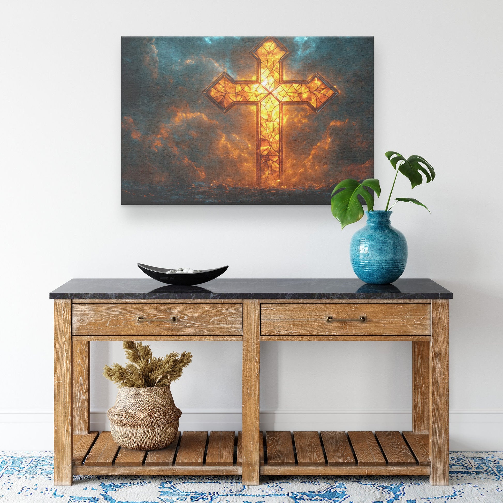 Radiant Glowing Stained Glass Cross in Heavenly Sky Christian Canvas Wall Art Perfect for Home Faith Inspired Decor - Awakening Righteousness