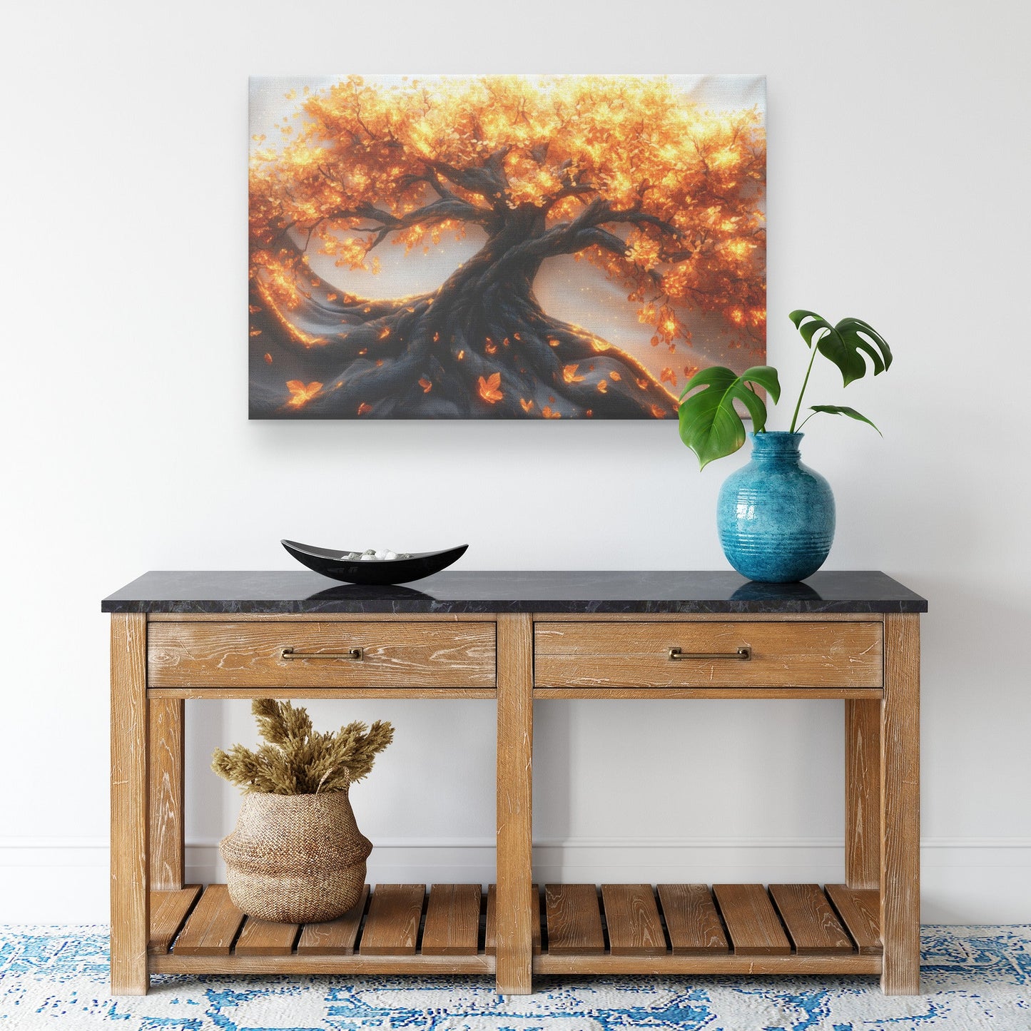 Radiant Golden Tree Canvas Wall Art Twisted Trunk Illuminated Leaves Christian Decor Inspiring Faithful Home Artwork - Awakening Righteousness