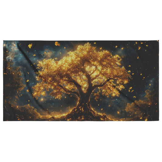 Radiant Golden Tree of Life Beach Towel Illuminated by Falling Leaves Spiritual Nature Inspired Soft Quick Dry - Awakening Righteousness