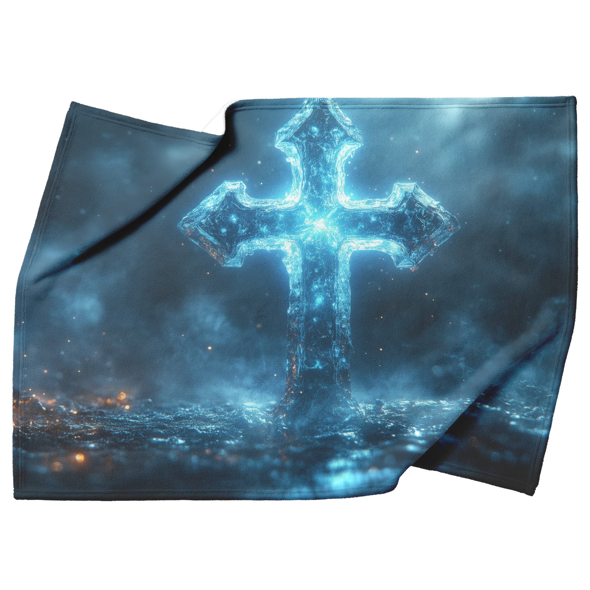 Radiant Ice Cross in Mystical Glow Fleece Sherpa Blanket Ultra Soft Cozy Perfect for Home Bed Couch Gift - Awakening Righteousness