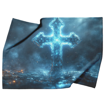 Radiant Ice Cross in Mystical Glow Fleece Sherpa Blanket Ultra Soft Cozy Perfect for Home Bed Couch Gift - Awakening Righteousness