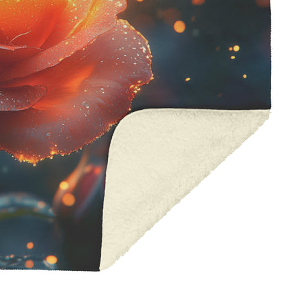 Radiant Orange Rose Soft Cozy Fleece Sherpa Blanket Featuring Dew Kissed Petals Illuminated by Warm Golden Glow - Awakening Righteousness