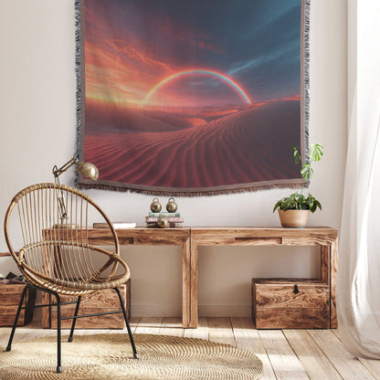 Radiant Rainbow Across Majestic Golden Desert Dunes at Sunset with Glowing Sand and Vibrant Orange Pink Skies Woven Throw Blanket - Awakening Righteousness
