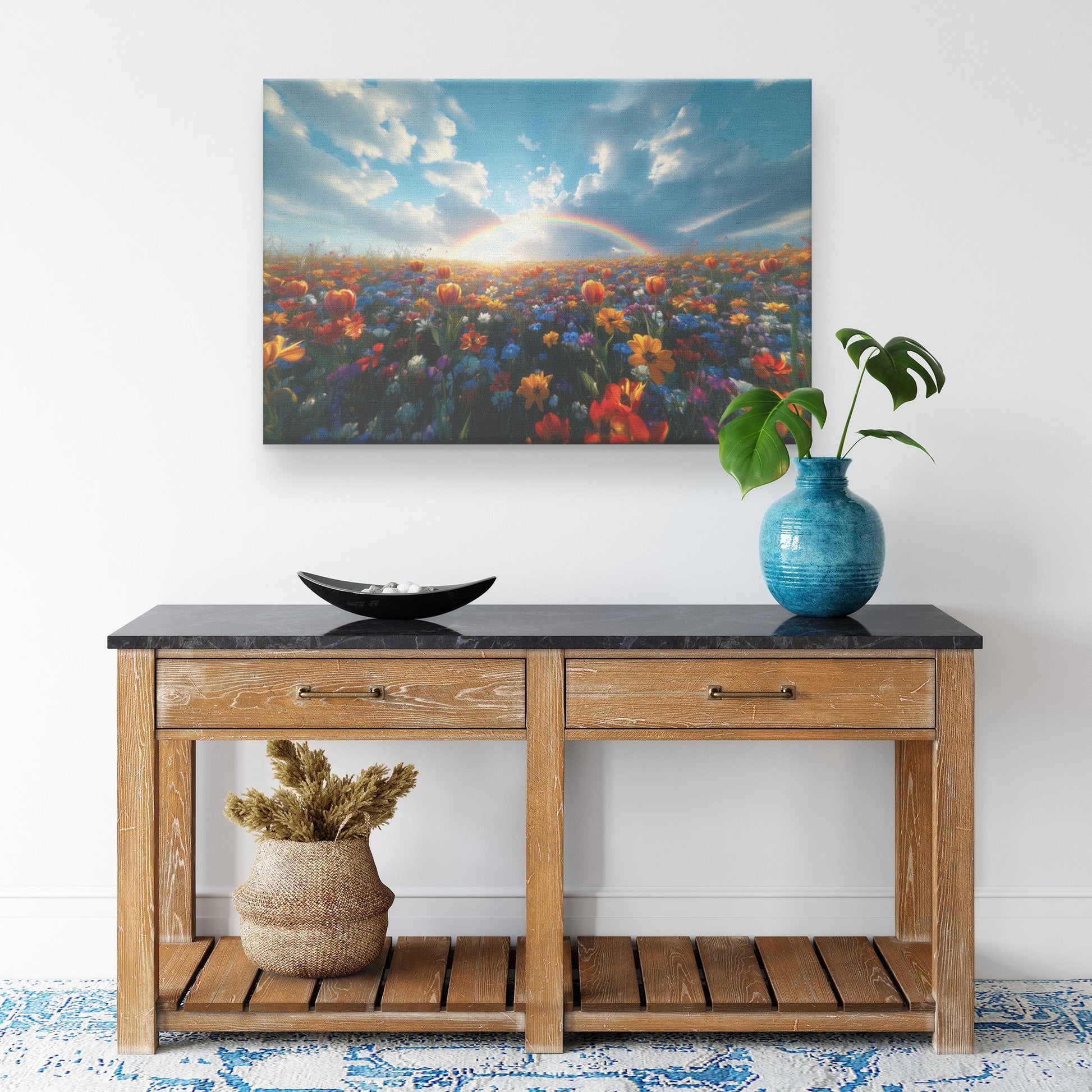 Radiant Rainbow Flower Meadow Vibrant Tulips Daisies Wildflowers Glowing Sunlight Scenic Canvas Wall Art Decor - Awakening Righteousness