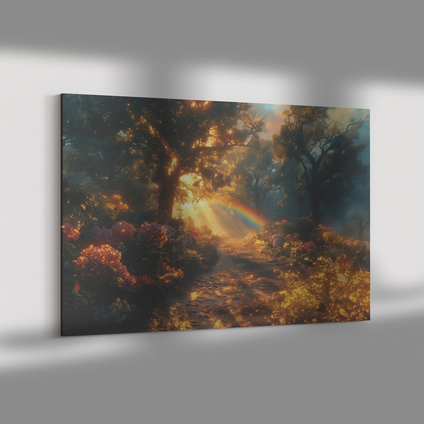 Radiant Rainbow Glowing Above Mystical Forest Path Enchanted Flowers Golden Sunlight Ethereal Canvas Wall Art - Awakening Righteousness