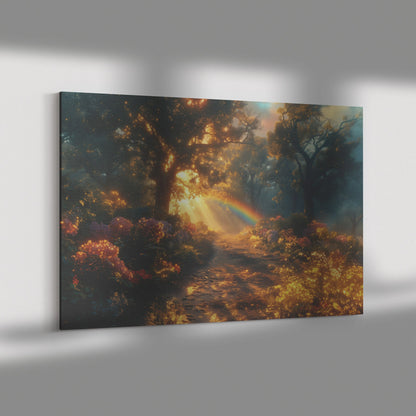 Radiant Rainbow Glowing Above Mystical Forest Path Enchanted Flowers Golden Sunlight Ethereal Canvas Wall Art - Awakening Righteousness