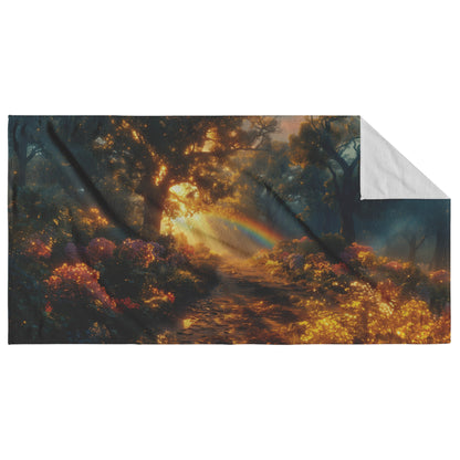 Radiant Rainbow Glowing Above Mystical Forest Path Ethereal Light Glowing Trees Enchanted Flowers Golden Sunlight - Awakening Righteousness