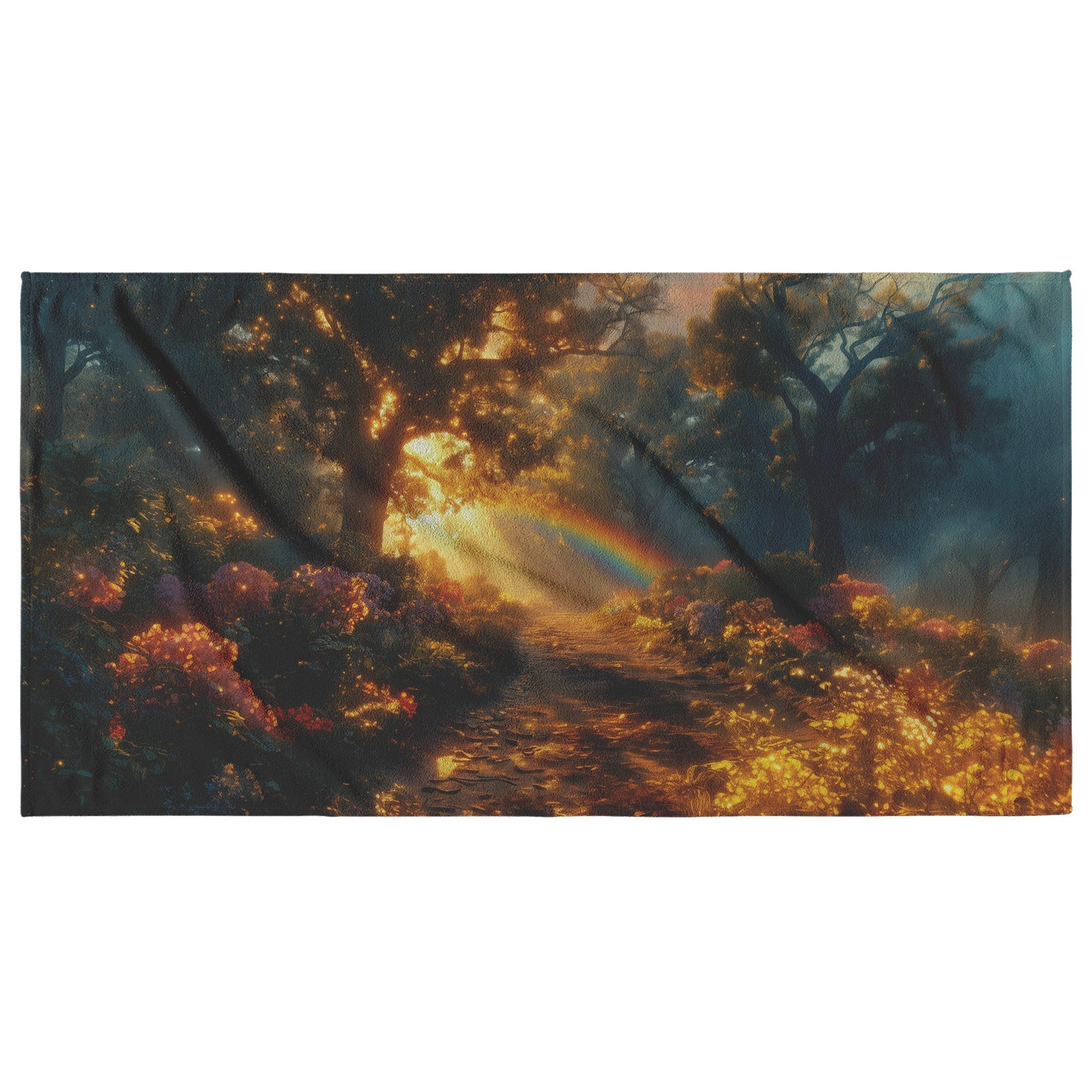 Radiant Rainbow Glowing Above Mystical Forest Path Ethereal Light Glowing Trees Enchanted Flowers Golden Sunlight - Awakening Righteousness