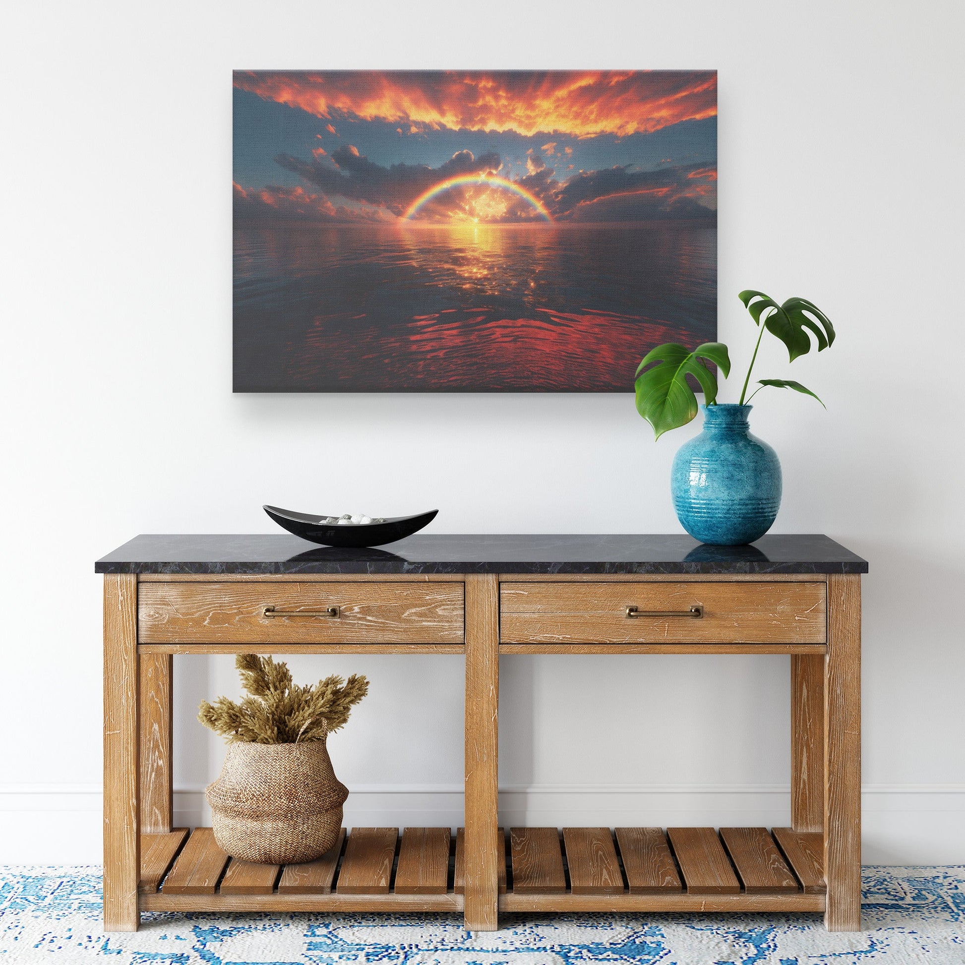 Radiant Rainbow Golden Light Dramatic Ocean Horizon Sparkling Waves Glowing Clouds Sunset Beams Canvas Wall Art - Awakening Righteousness