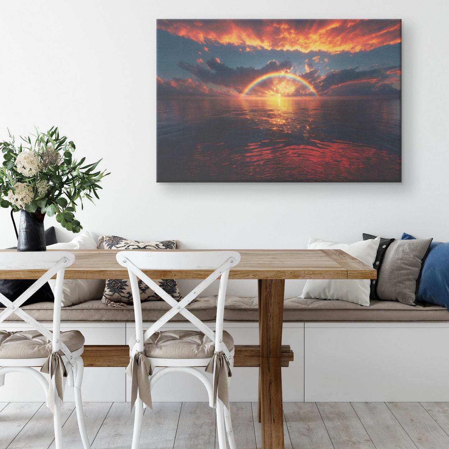 Radiant Rainbow Golden Light Dramatic Ocean Horizon Sparkling Waves Glowing Clouds Sunset Beams Canvas Wall Art - Awakening Righteousness