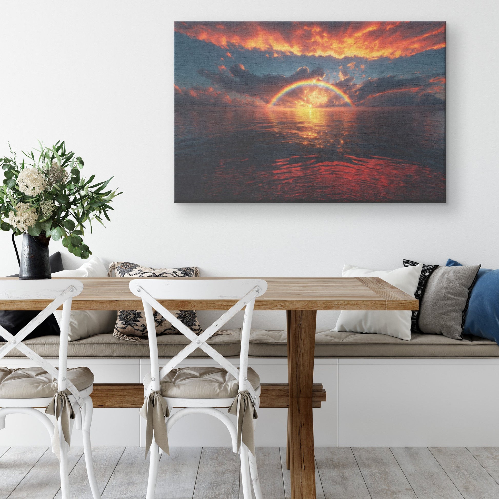 Radiant Rainbow Golden Light Dramatic Ocean Horizon Sparkling Waves Glowing Clouds Sunset Beams Canvas Wall Art - Awakening Righteousness