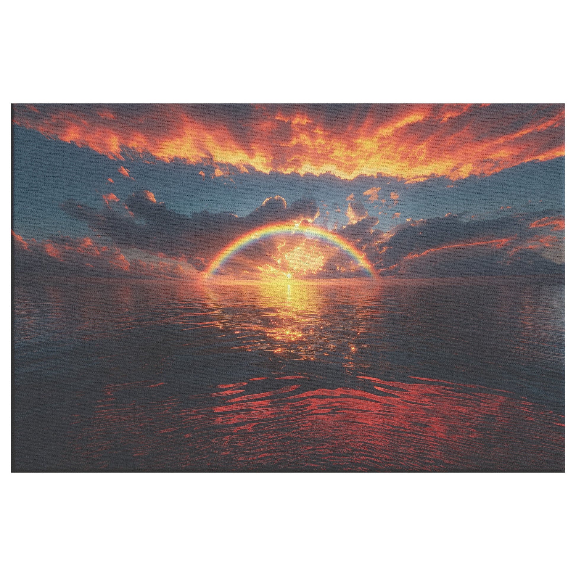 Radiant Rainbow Golden Light Dramatic Ocean Horizon Sparkling Waves Glowing Clouds Sunset Beams Canvas Wall Art - Awakening Righteousness