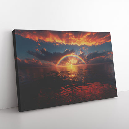 Radiant Rainbow Golden Light Dramatic Ocean Horizon Sparkling Waves Glowing Clouds Sunset Beams Canvas Wall Art - Awakening Righteousness