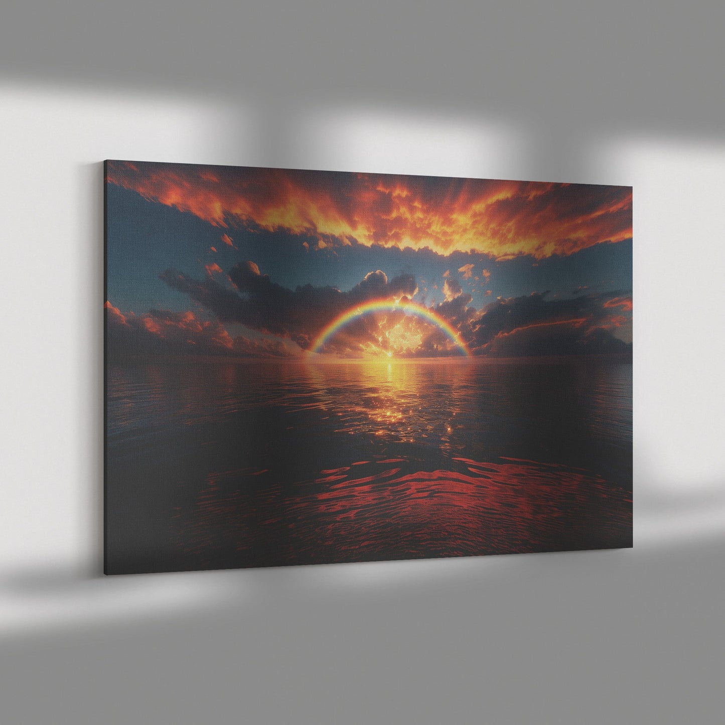 Radiant Rainbow Golden Light Dramatic Ocean Horizon Sparkling Waves Glowing Clouds Sunset Beams Canvas Wall Art - Awakening Righteousness