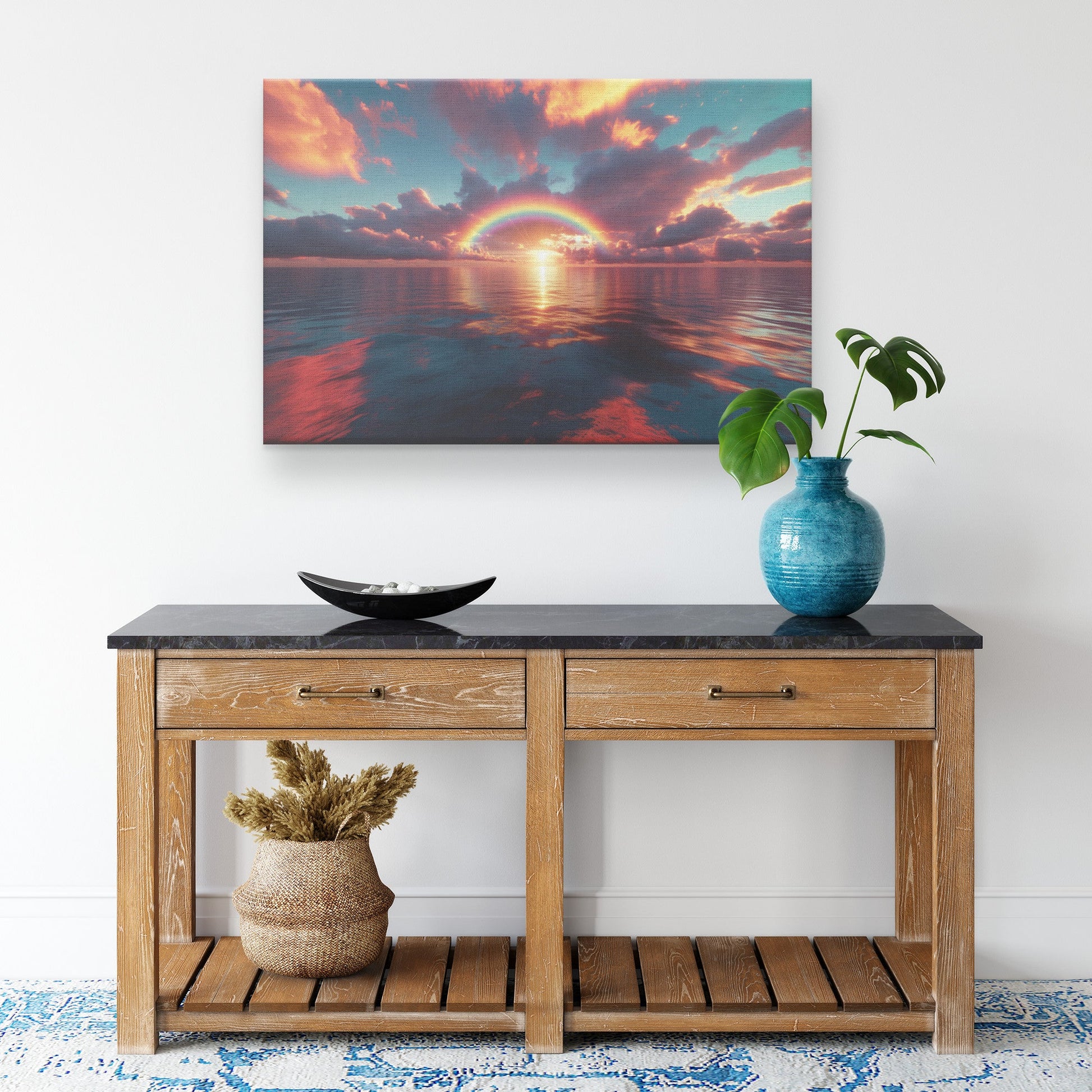 Radiant Rainbow Golden Light Ocean Horizon Sparkling Waves Glowing Clouds Sunset Beams Canvas Wall Art Decor - Awakening Righteousness