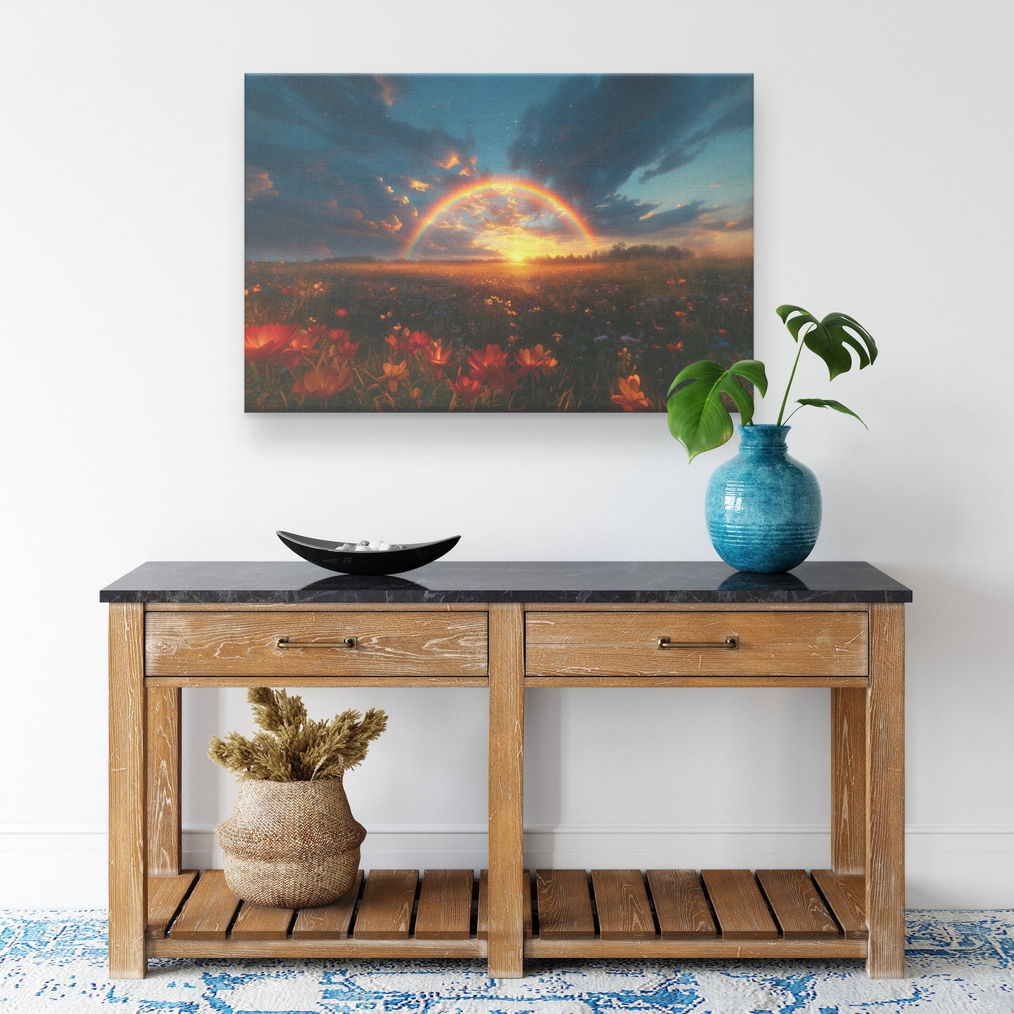Radiant Rainbow Golden Light Ocean Horizon Sparkling Waves Sunset Beams Glowing Clouds Scenic Canvas Wall Art - Awakening Righteousness