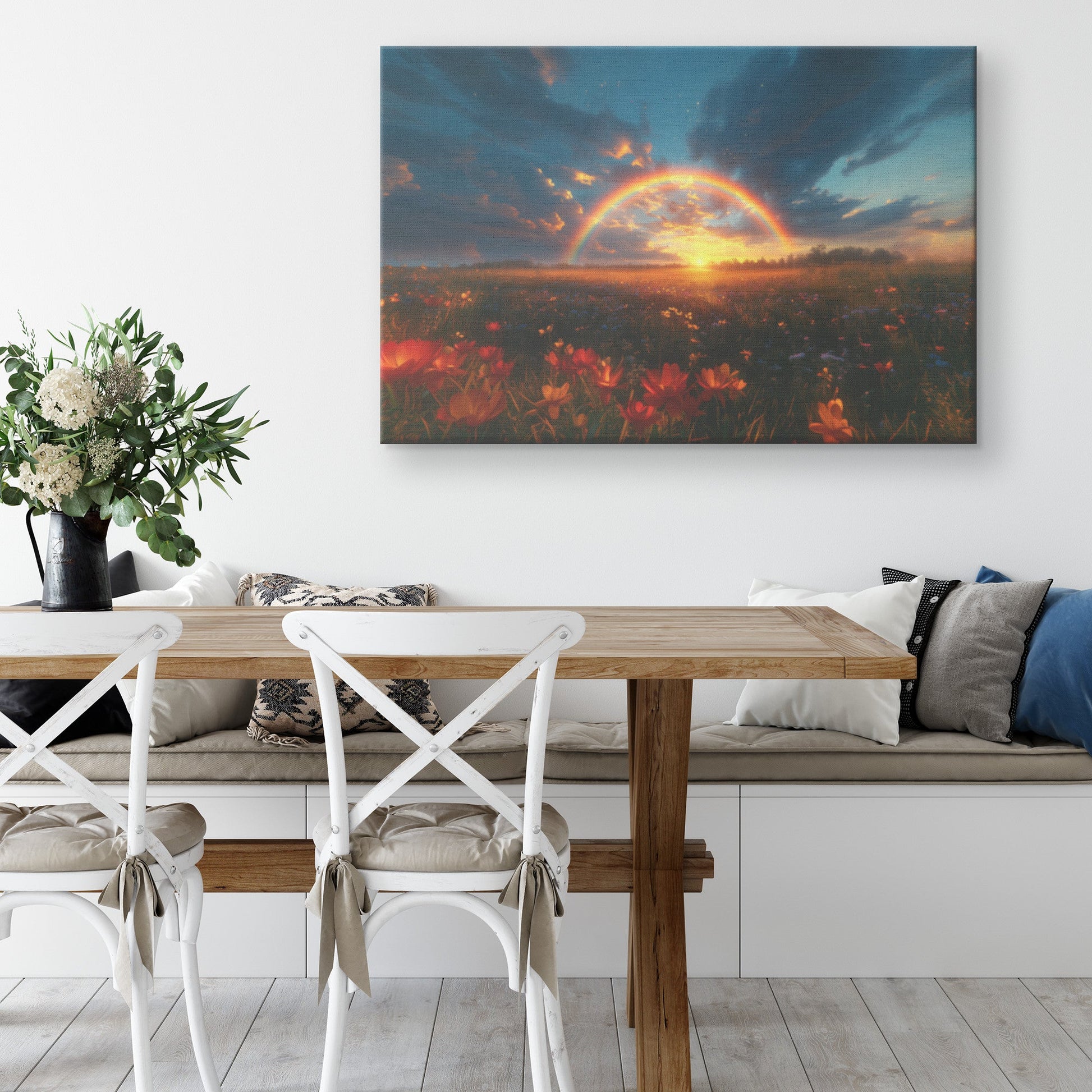 Radiant Rainbow Golden Light Ocean Horizon Sparkling Waves Sunset Beams Glowing Clouds Scenic Canvas Wall Art - Awakening Righteousness