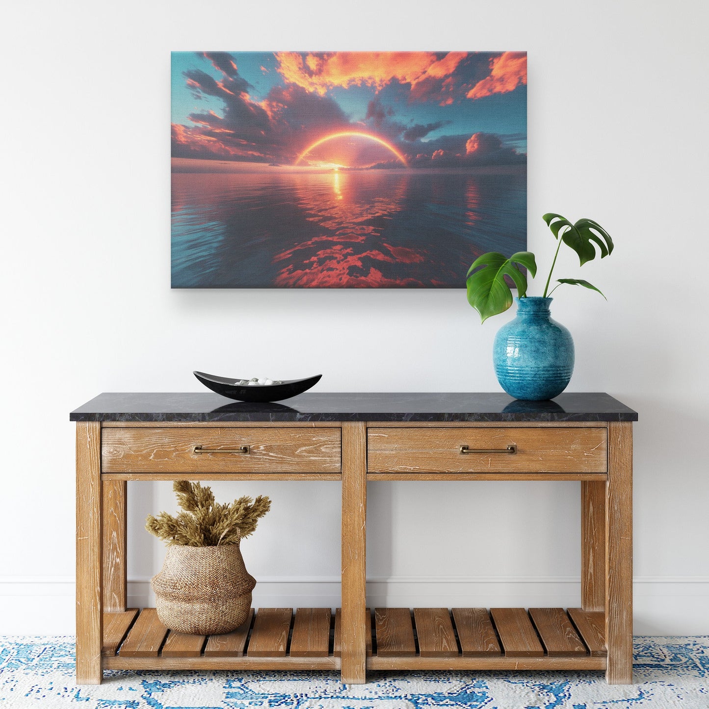 Radiant Rainbow Golden Light Ocean Horizon Sparkling Waves Sunset Glow Clouds Beams Canvas Wall Art Decor - Awakening Righteousness