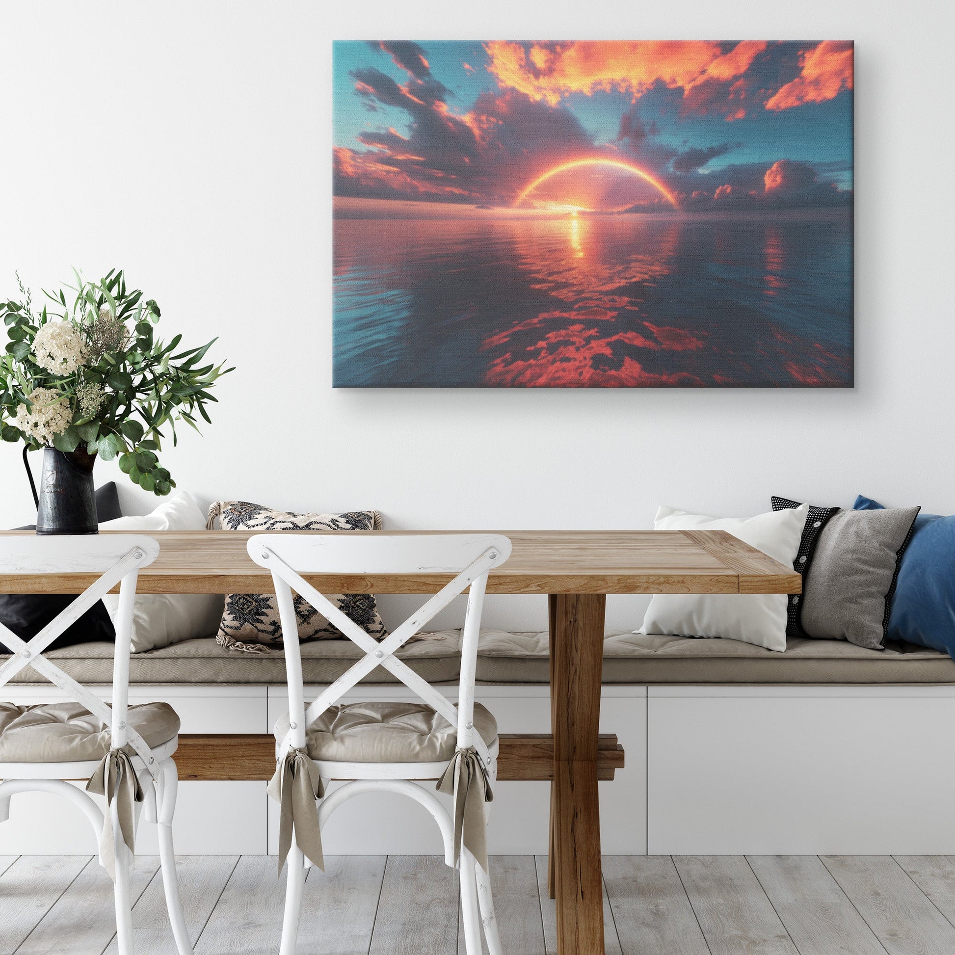Radiant Rainbow Golden Light Ocean Horizon Sparkling Waves Sunset Glow Clouds Beams Canvas Wall Art Decor - Awakening Righteousness