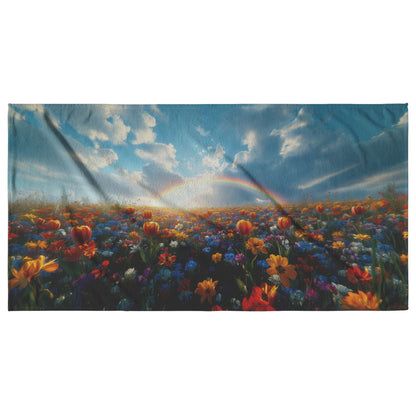 Radiant Rainbow Over Colorful Flower Meadow Vibrant Tulips Daisies Wildflowers Glowing Sunlight Natural Scenery - Awakening Righteousness