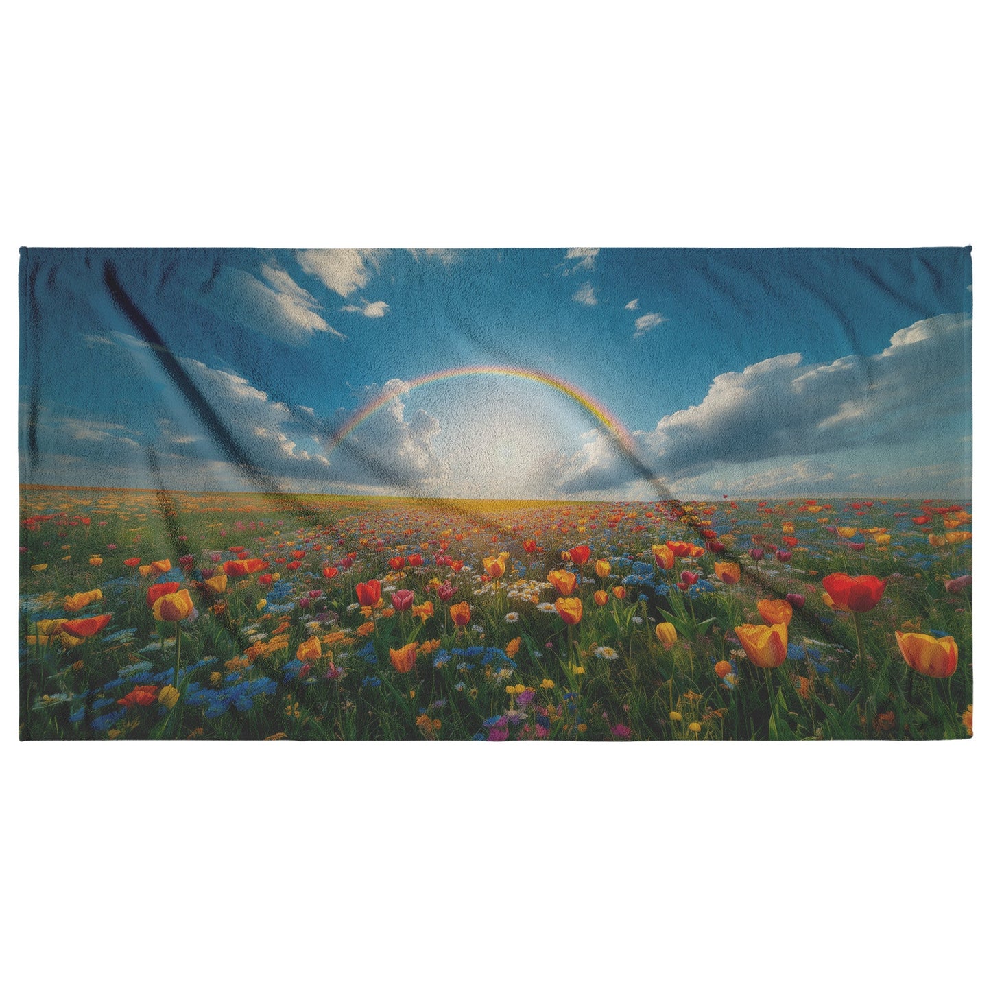 Radiant Rainbow Over Colorful Flower Meadow Vibrant Tulips Daisies Wildflowers Glowing Sunlight Natural Scenery - Awakening Righteousness