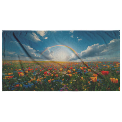 Radiant Rainbow Over Colorful Flower Meadow Vibrant Tulips Daisies Wildflowers Glowing Sunlight Natural Scenery - Awakening Righteousness