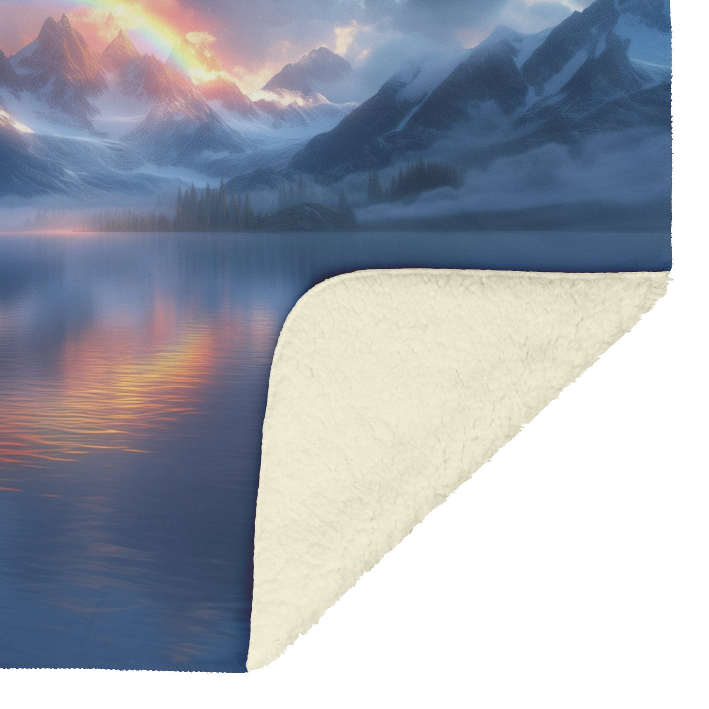 Radiant Rainbow Over Dramatic Mountain Horizon Sparkling Waves Glowing Clouds Sunset Light Fleece Sherpa Blanket - Awakening Righteousness
