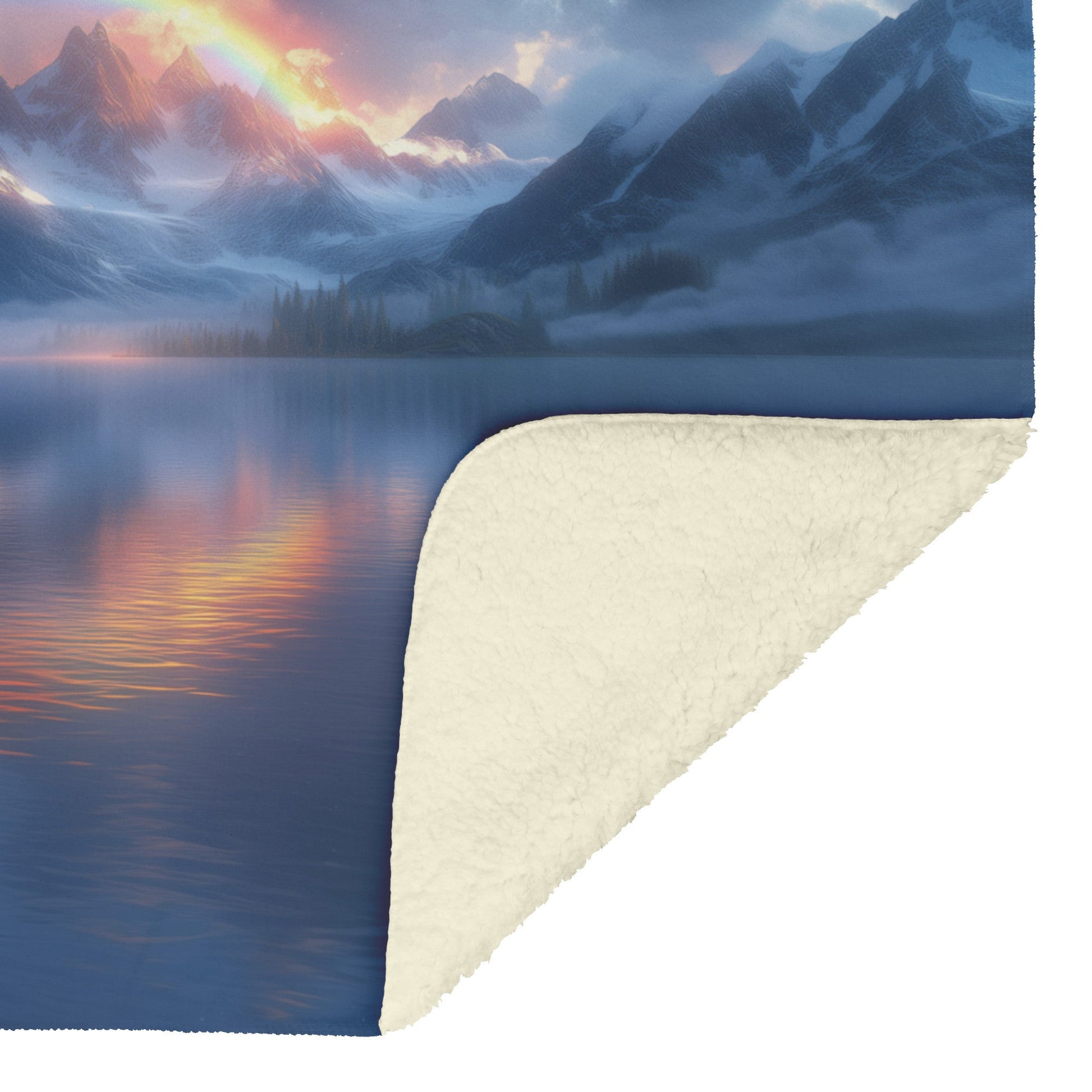 Radiant Rainbow Over Dramatic Mountain Horizon Sparkling Waves Glowing Clouds Sunset Light Fleece Sherpa Blanket - Awakening Righteousness