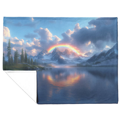 Radiant Rainbow Over Dramatic Mountain Horizon Sparkling Waves Glowing Clouds Sunset Light Fleece Sherpa Blanket - Awakening Righteousness